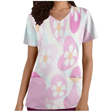 

LWZWM Nursing Scrubs for Women V Neck Blouse Short Sleeve Shirt Valentines Day T Shirt Pocket Tee Heart Scrubs Love Tops Purple S