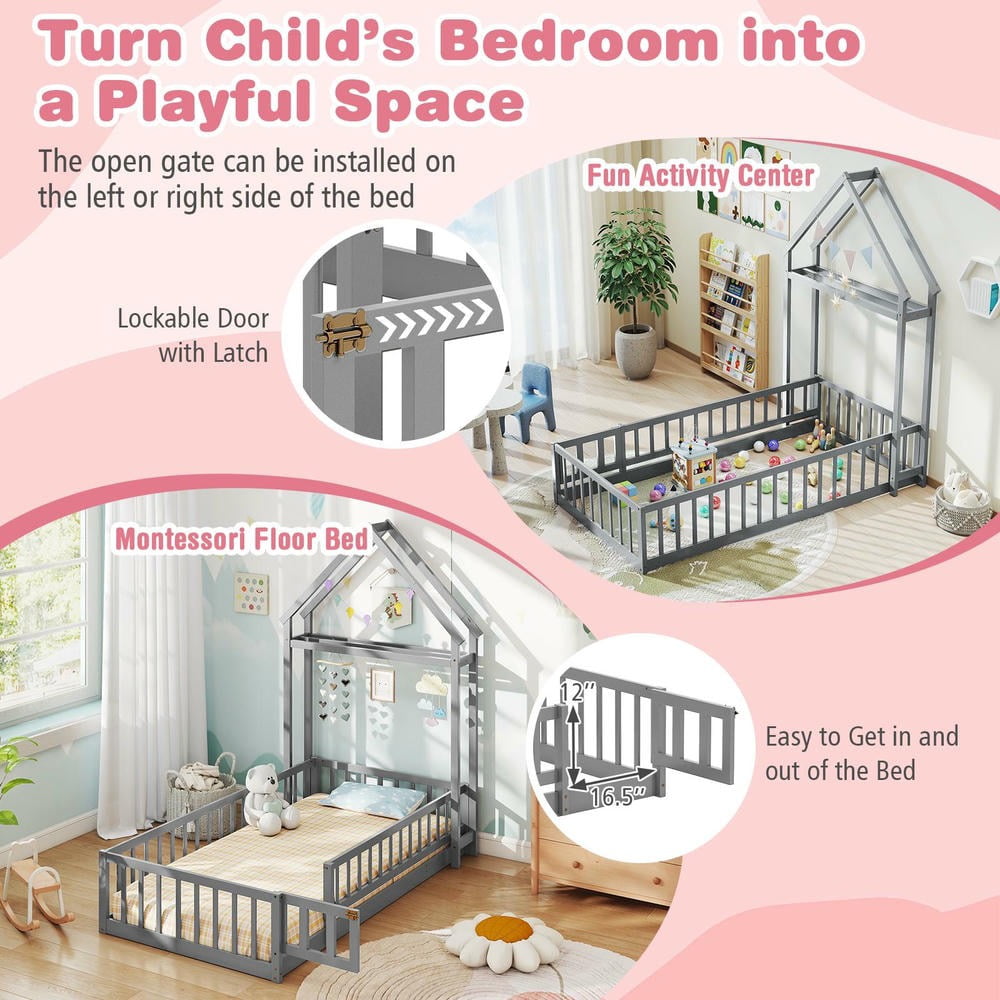 Barara King Twin Size Bedroom Bed Floor Frame with House-shaped Headboard, Bed Platform Frame for Apartment, Bedroom, Gray