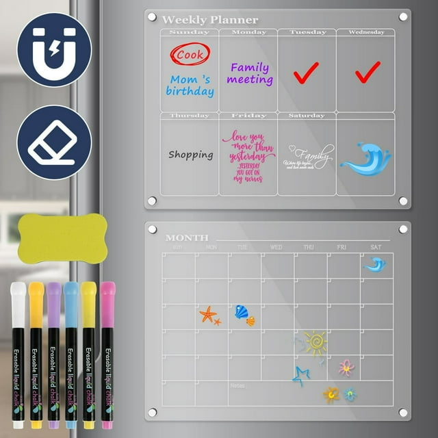2 Pcs Calendrier Magnétique en Acrylique pour Réfrigérateur Planches de Planification Magnétiques en Acrylique Transparent Réutilisables Effaçables à Sec Calendrier Mensuel Hebdomadaire avec 6 Marqueurs de Couleur Effaceur pour Maison Bureau