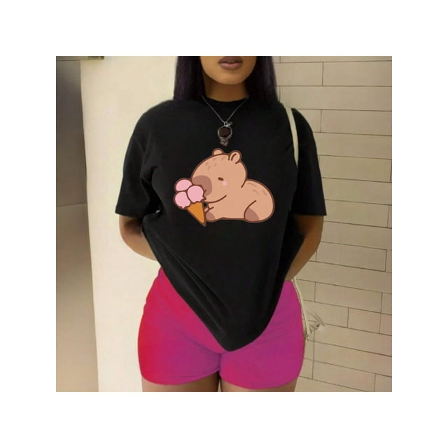 Playera blusa De Capybara Comiendo Helado Capibara Ropa De Mujer Chic Color Negro Talla Chica Marca Emil SaEs