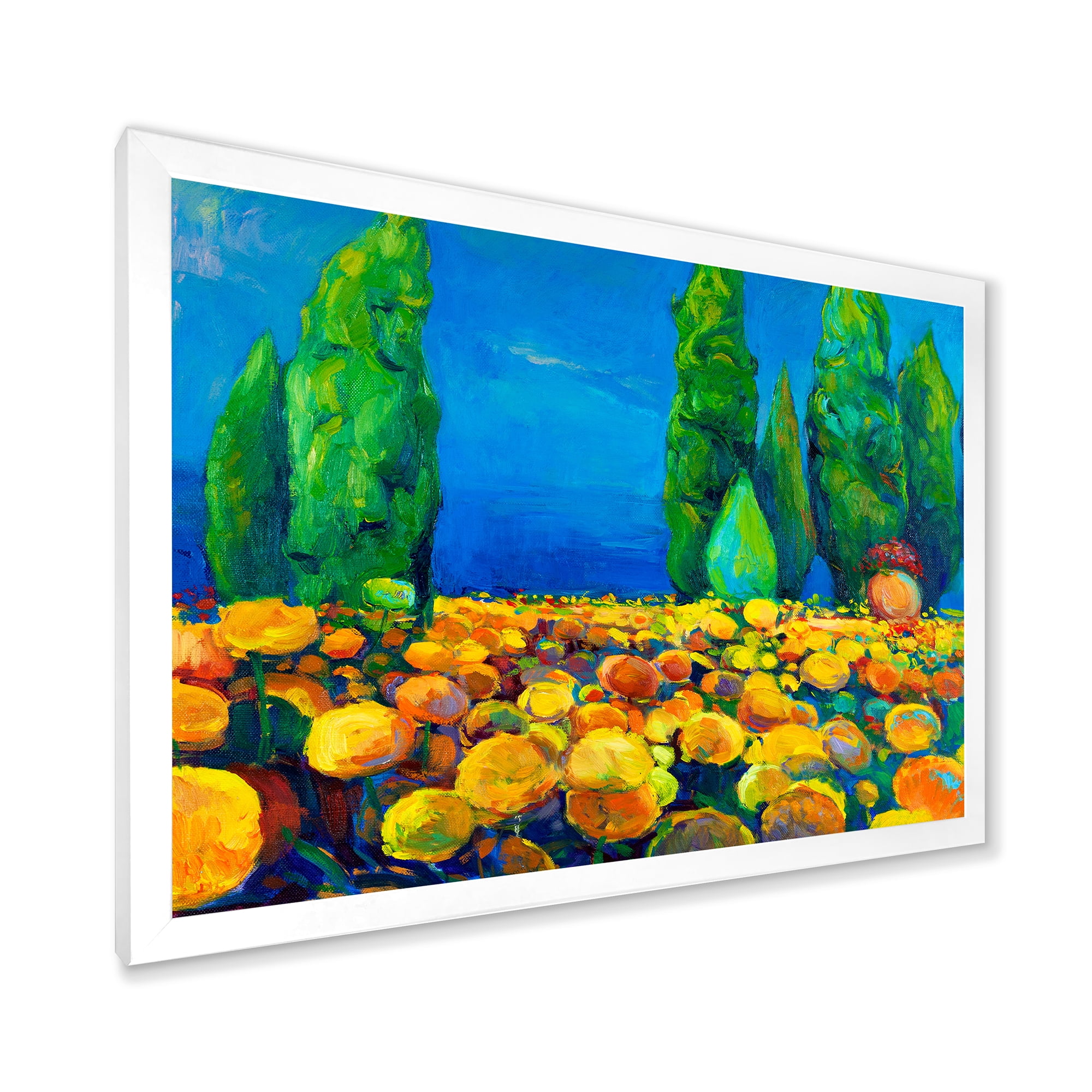 Designart 'Yellow Blossoming Flowers Landscape With Green Trees' Traditional Framed Art Print