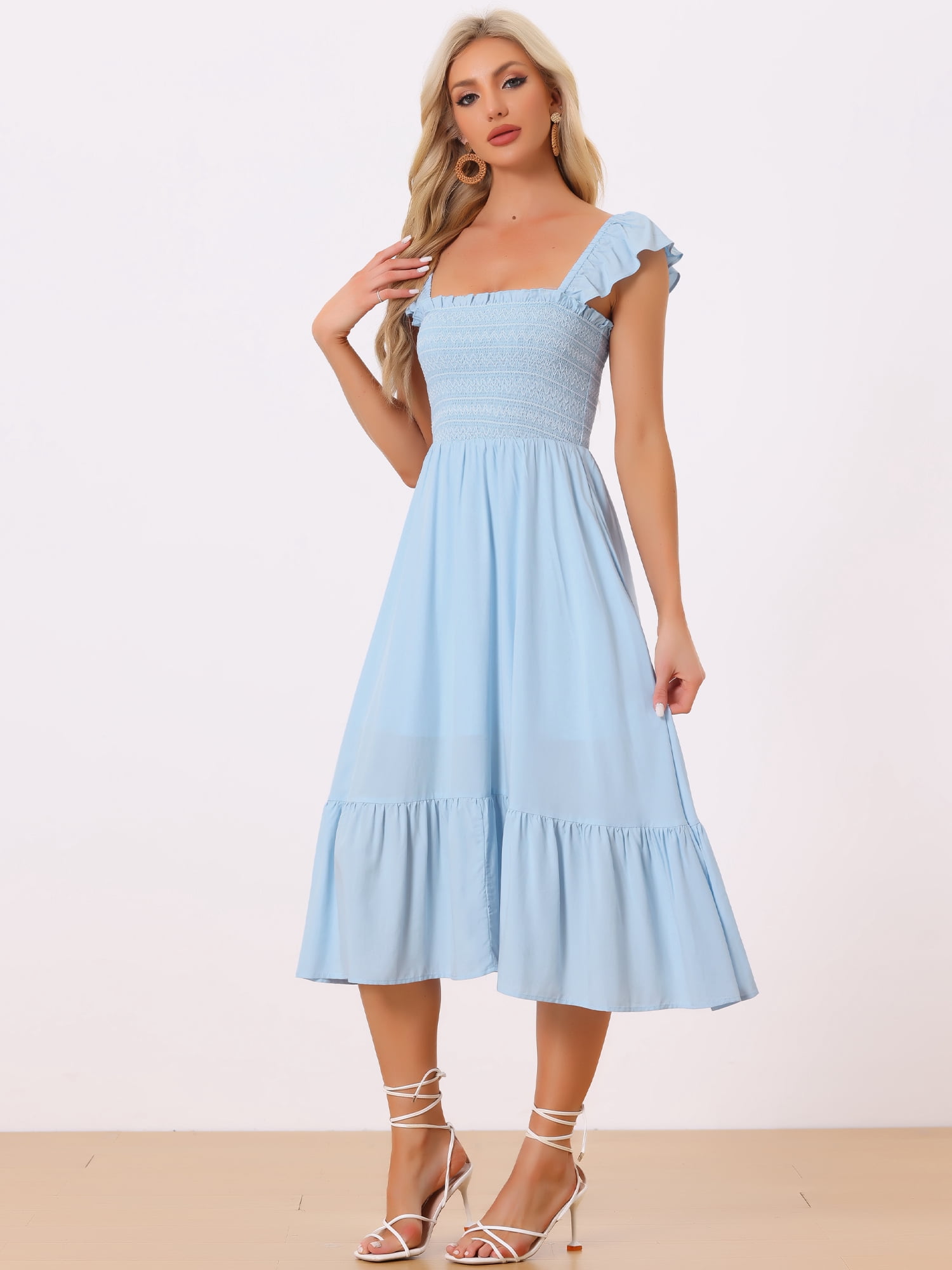 DARING DIVA Square Neck Boho Sleeveless Ruffle Tiered Smocked Sundress XL Light Blue