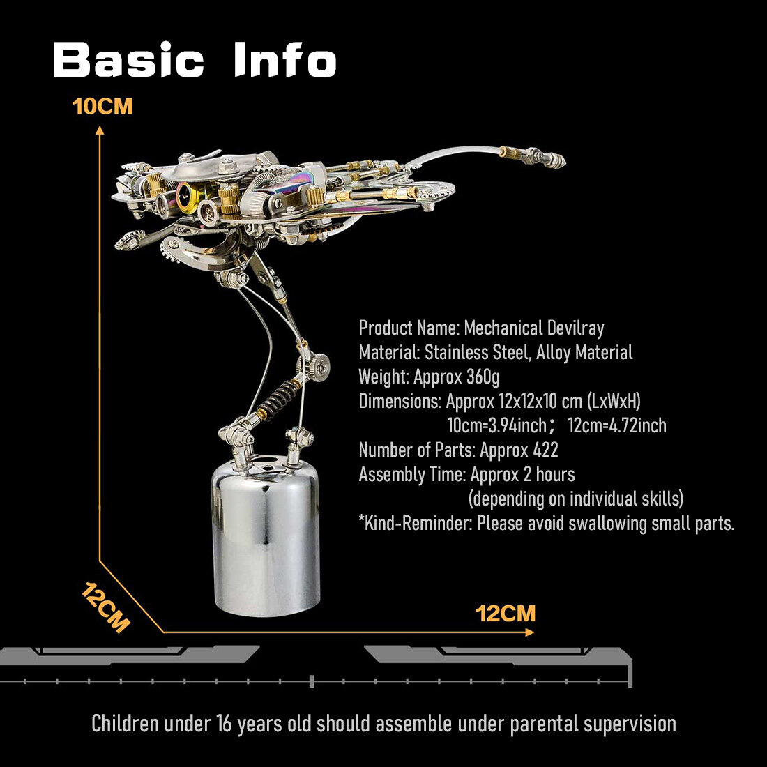 3D Metal Puzzle Submarine Series Model Kit, 422PCS 3D Mechanical Steampunk Devilray Building Kit with LED Eyes & Translucent Wings, Unique Desktop Sculpture & Creative Gift for Adults