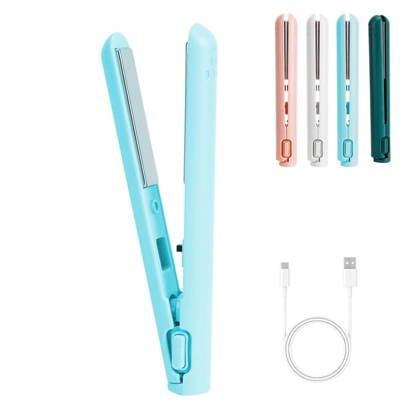 Gustave Mini Flat Iron Hair Straightener and Curler 2 in 1 Portable Travel Cordless Curling Iron USB Powered Small Hair Curler Wand for Women Men - Blue