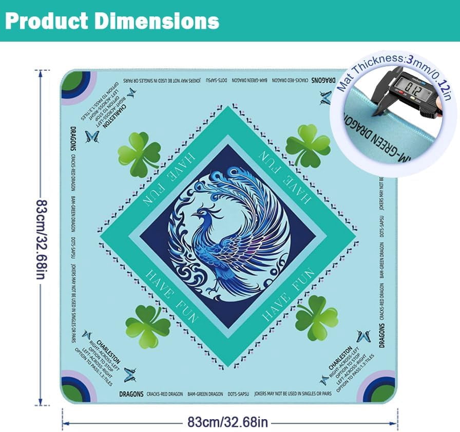 Mahjong Mat Non-Slip 31.5x31.5 Inch | Noise Reduction Game Table Mat with Carrying Bag - for Mahjong, Board Games, Dominoes, Poker Cards, Tabletop Gaming（Blue/Peacock）
