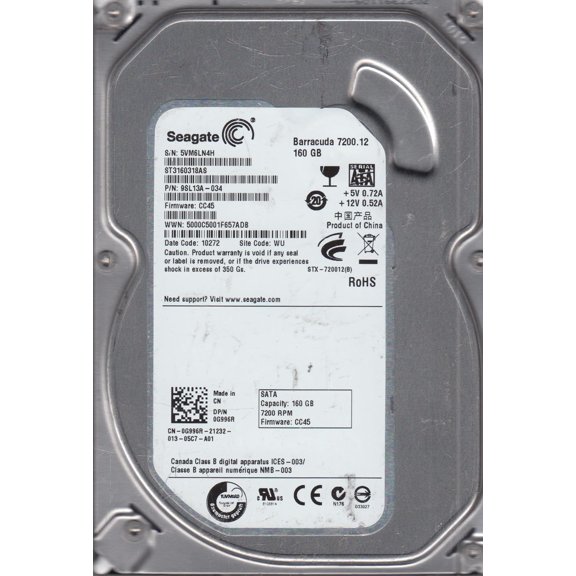 ST3160318AS, 5VM, WU, PN 9SL13A-034, FW CC45, Seagate 160GB SATA 3.5 Hard Drive