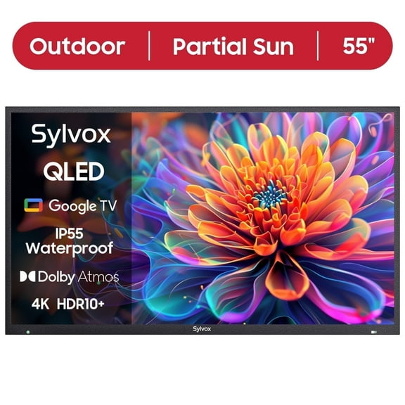 SYLVOX 55'' Outdoor TV, QLED 4K Google Television, IP55 Weatherproof 1000nits brightness Dolby Vision Voice Remote Chromecast for Yard, Patio, Garden (Deck Pro QLED 2.0)