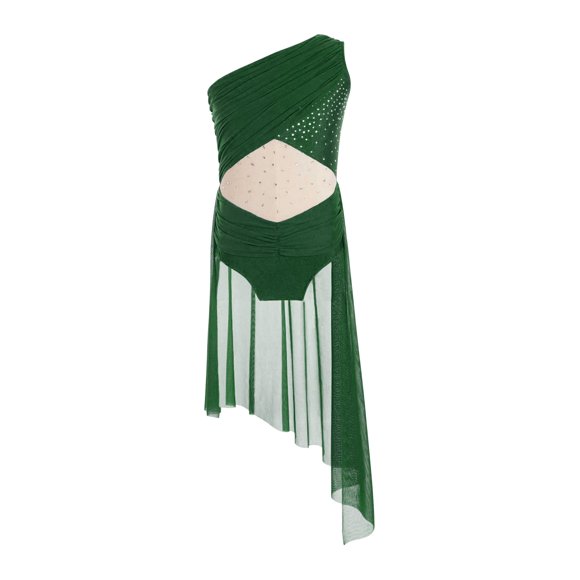 YONGHS Combinaison de Danse Ballet Lyrique Latine à une Épaule pour Filles Justaucorps Patchwork en Maille Brillante avec Strass Vert 14