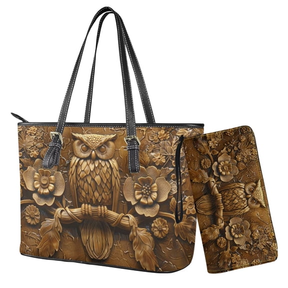 TSOVTHRID Owl Flroal Brown Print Tote Bag for Women 2 PCS Purse and Wallet Set Top Handle Satchel Purse Large Capacity Leather Women Shoulder Handbag for Shopping