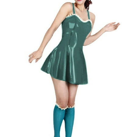 Sexy Women PVC Strap Cami Sheath Mini Dress Lingerie Costume Women Ruffles Hem A-line Dress Party Clubwear