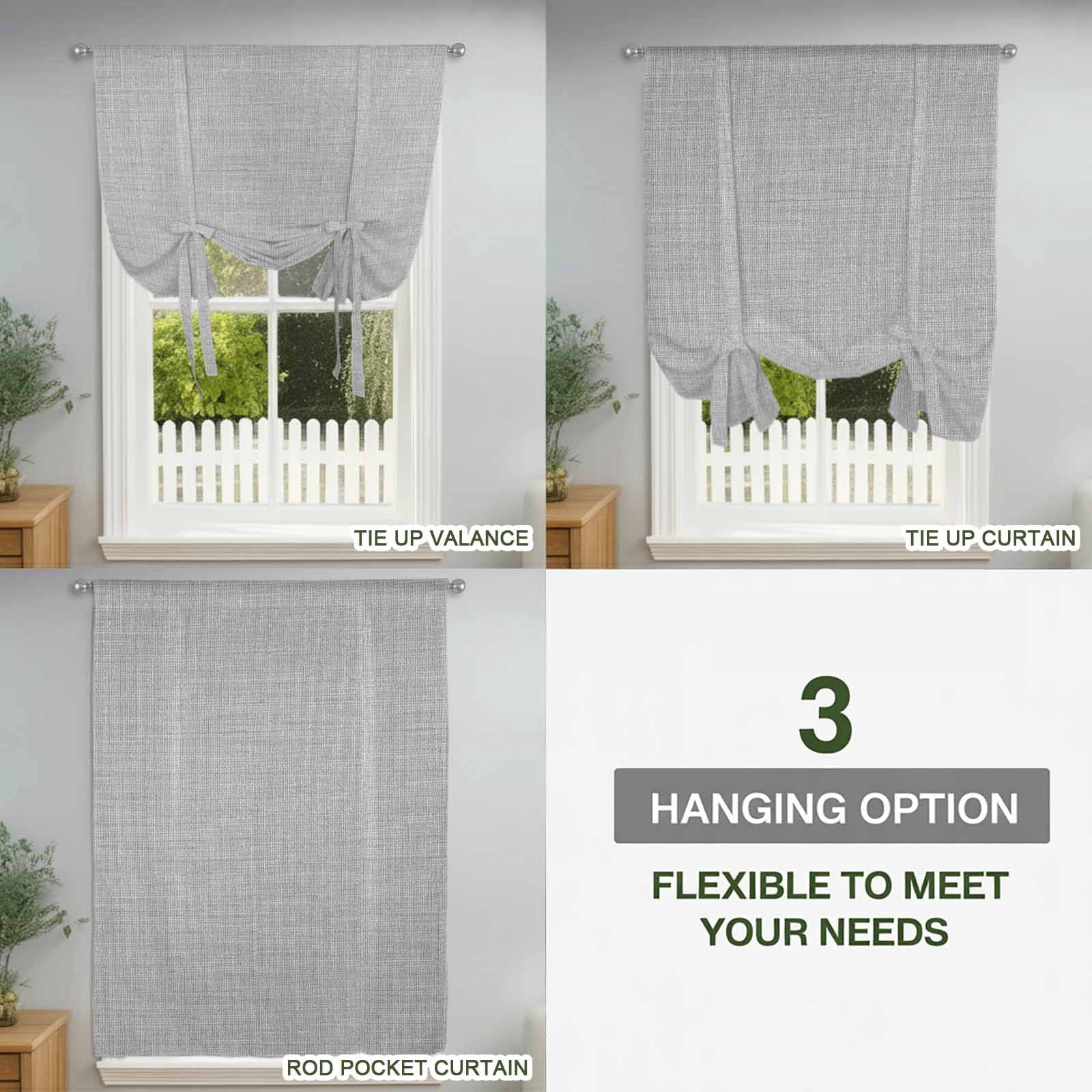 Vintage Linen Tie Up Curtain 45 Inches Long, Pastoral Grey Linen Texture Farmhouse Balloon Style Kitchen Window Curtain Over Sink, Small Window Rod Pocket Curtain 42"x45"