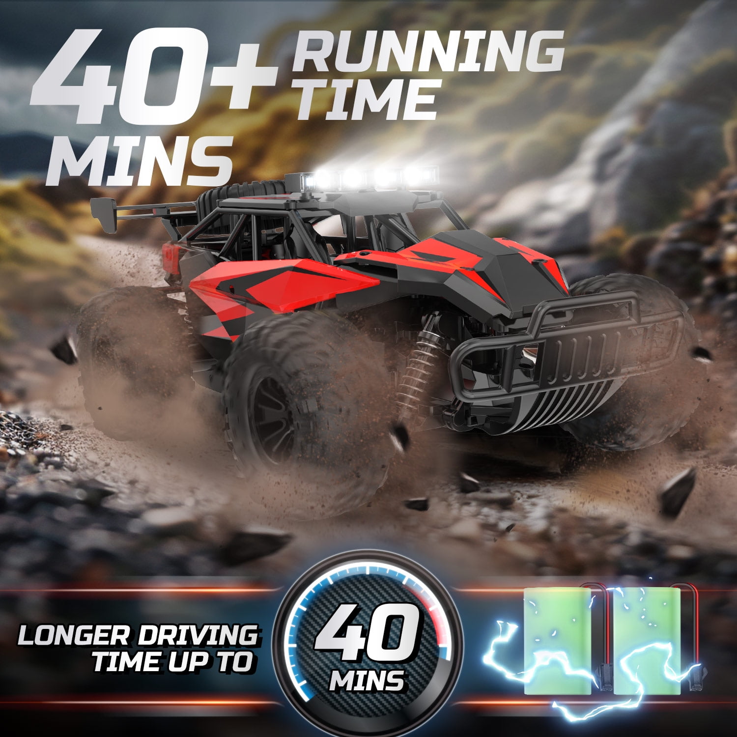 JoyStone RC Cars 1:14 Scale Remote Control Truck, 15+ mph High Speed Monster Truck with LED Headlights, Chassis Lights and 2 Batteries for Boys Kids, Red