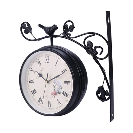 DEEPCRAFF 1Pc Double-Sided Hanging Wall Clock Iron Round Retro Style Black for Home Decor