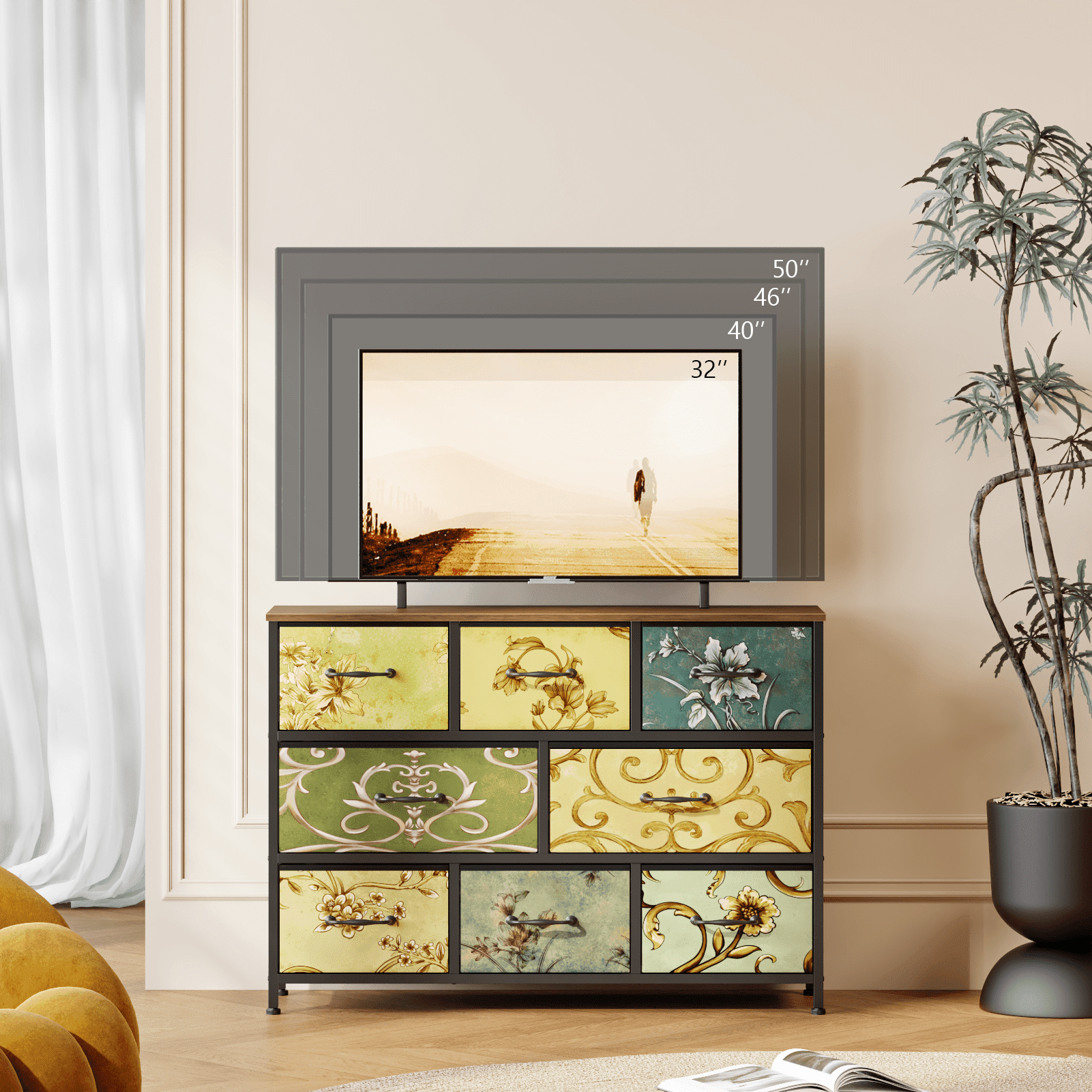 TYDIMOR Fabric Dresser for Bedroom, 8 Drawer Chest of Drawers, Retro Flower, Ideal for Adults