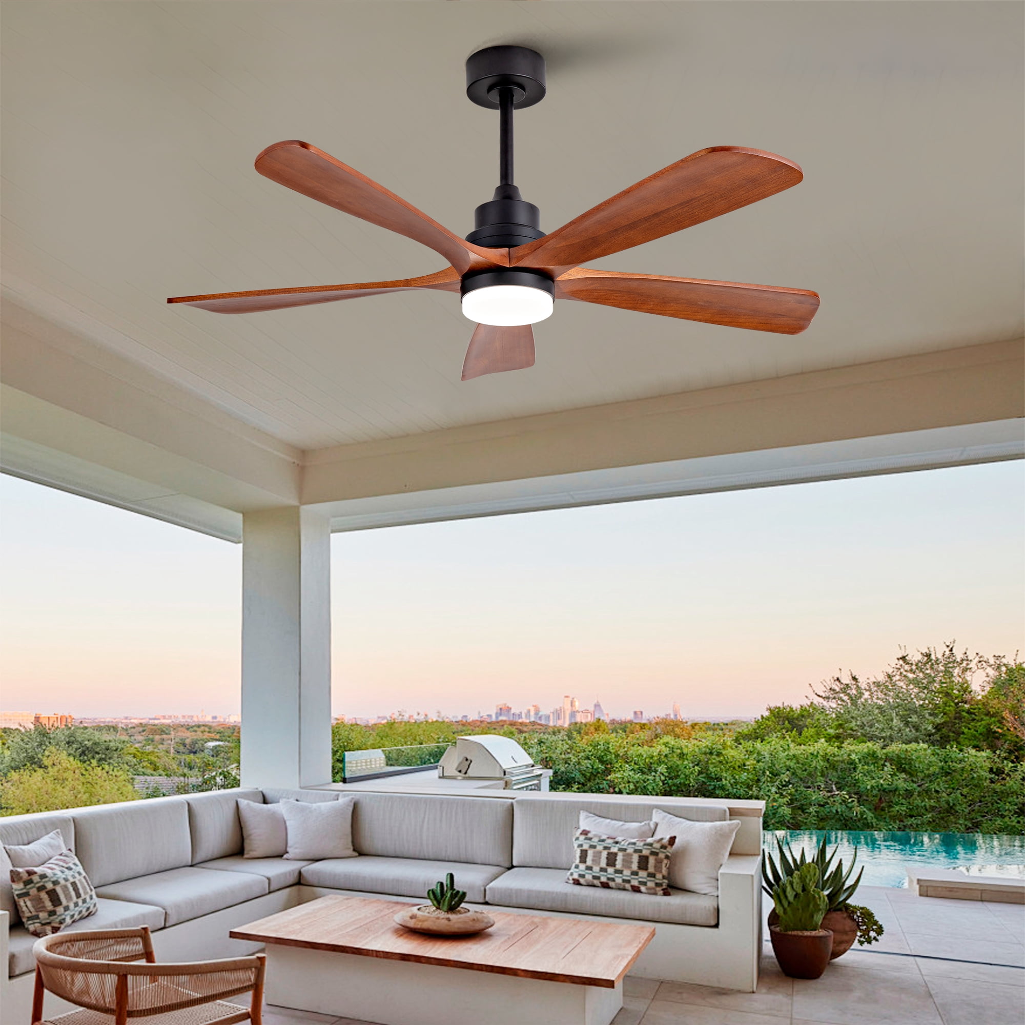 Ceiling Fan with Lights, 52 Inch Remote Control 5 Solid Wood Blades Outdoor Fan for Patio Farmhouse Bedroom, Black