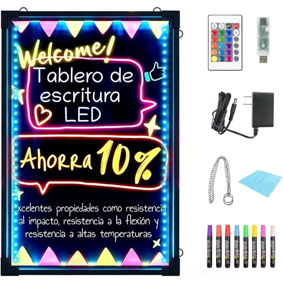 Foh Tablero de escritura de mensajes LED, Tablero de pizarra iluminado y borrable, efecto neón para menú cartel luminoso, con 8 marcadores de tiza fluorescente y control remoto (40x60 cm)