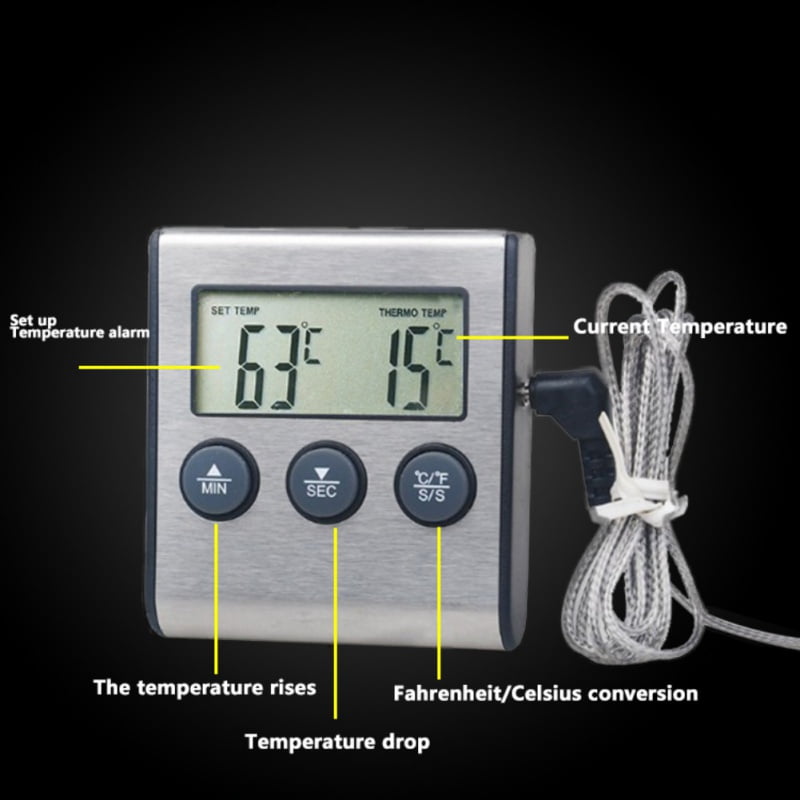 Digital Cooking Food Meat Thermometer Range 32°F to 482°F Kitchen Food Thermometer Timer for Oven Kitchen Candy BBQ Grill Stainless Steel Temperature Probe, Silver