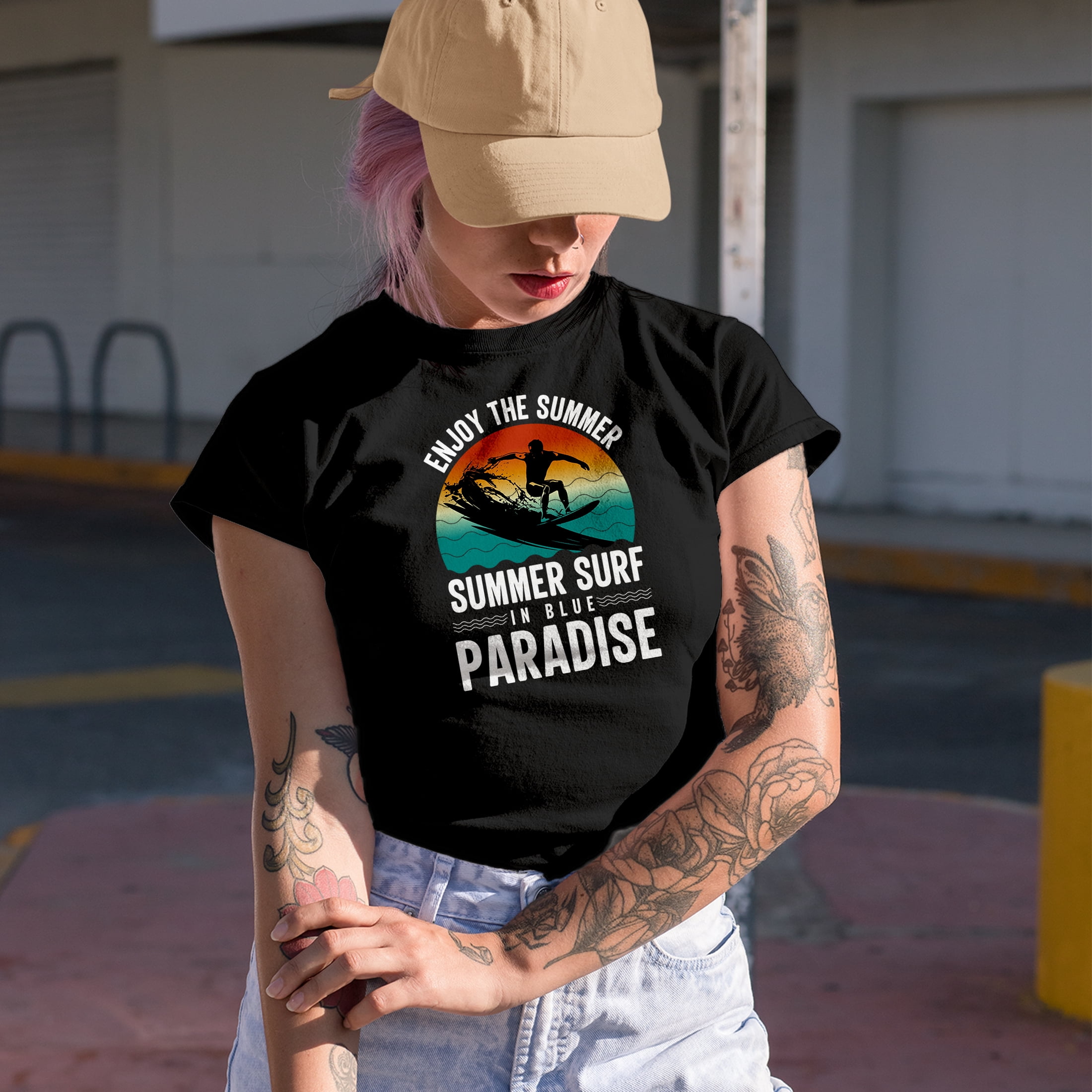 Enjoy the Summer, Summer Surf in Blue Paradise - Surfer or Surfing Enthusiast, Military Green T-Shirt, Large