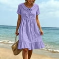 thumbnail image 6 of Ayolanni V Neck Summer Dresses for Women 2026 Solid Short Sleeve A-Line Midi Dress Travel Beach Flowy Cotton Linen Dress Purple M, 6 of 7