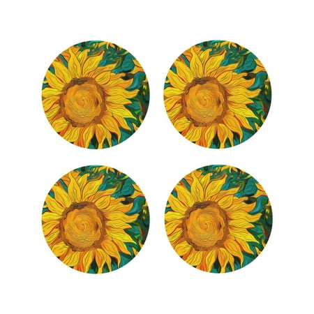 

Tideii Vibrant Sunflower Painting for Leather Coasters 4 Pieces Anti-fouling and Anti-scalding Decorative Coasters Suitable for Restaurants Kitchens Coffee Shops-Round Shape