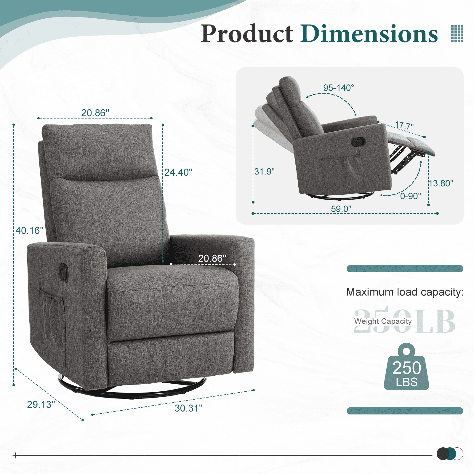 MAYEERTY 360° Swivel Rocking Recliner Chair, 95-160° Adjustable Backrest Linen Nursery Glider with Metal Base, 250lbs Capacity Easy Assembly