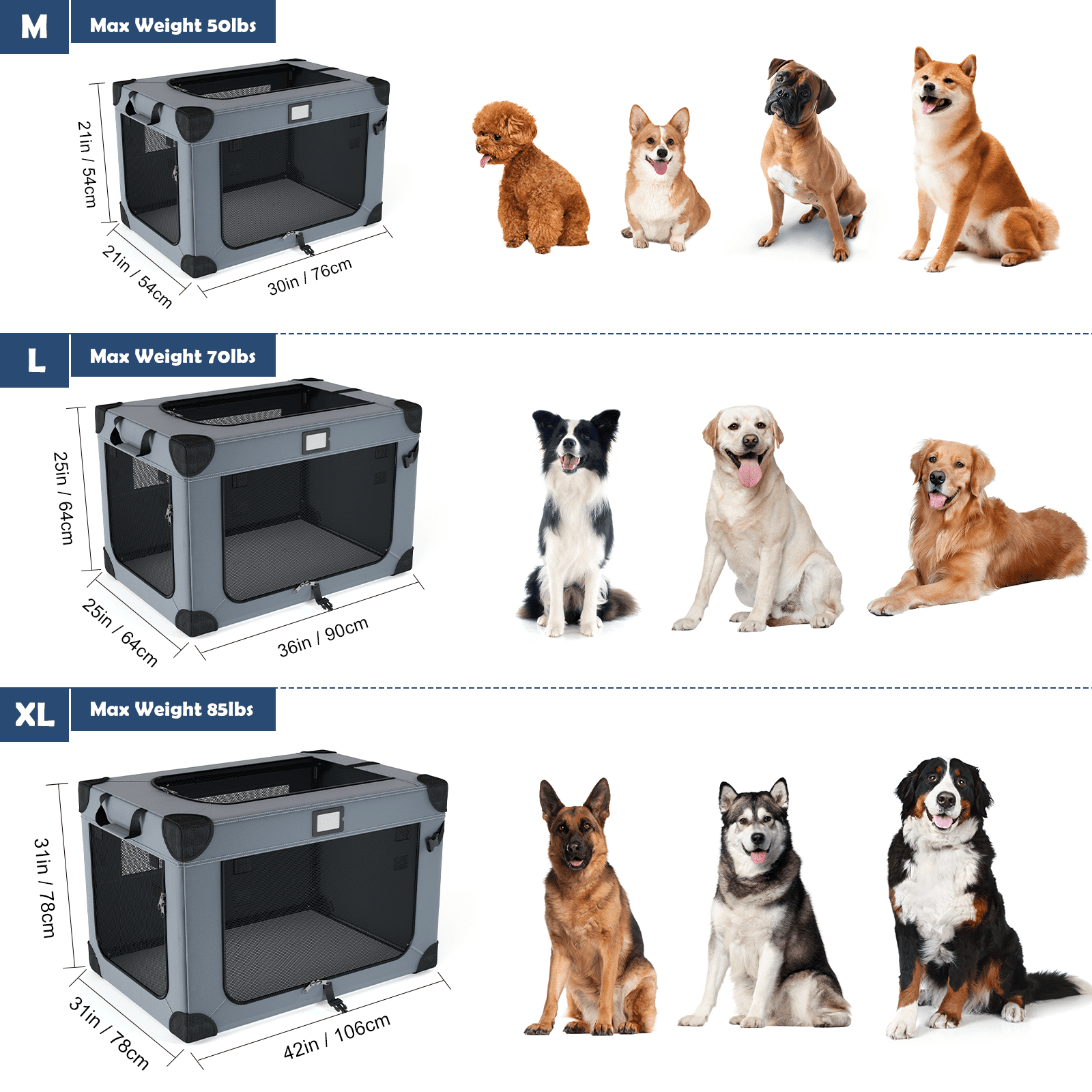 36 Inch Collapsible Dog Crate for Large Dogs, 3-Door Foldable Soft Kennel with Fleece Bed and a Folding Bowl, Suitable for Indoor & Outdoor Portable Pet Kennel