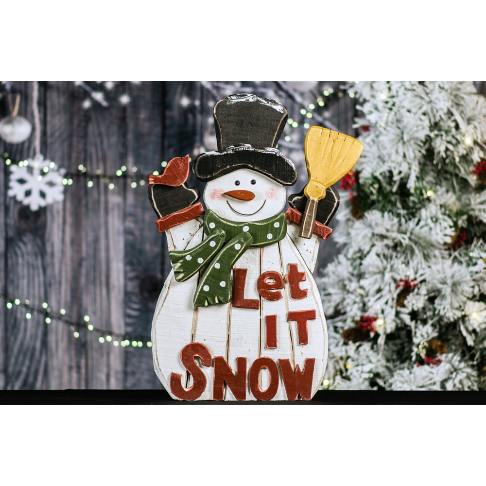 WOODEN SNOWMAN WITH LET IT SNOW STATUE