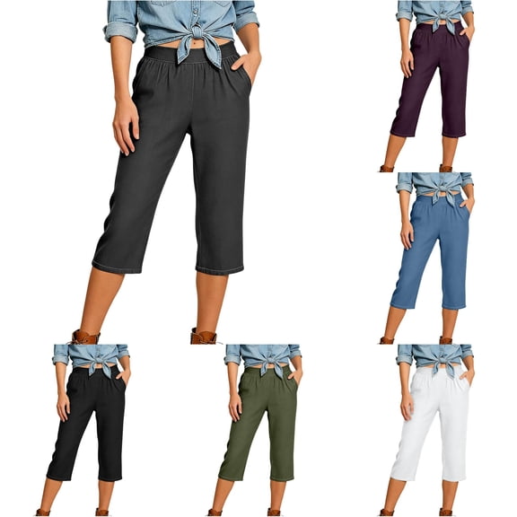 Capri Jeans for Stretch Casual Elastic Waist Wide Straight Leg Plus Size Pull On Denim Capris Loose Summer Pants Workout Pants with Pockets for Women
