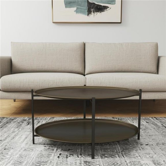 HomeRoots 556717 26 in. Antiqued Bronze & Black Steel Oval Two Tier Coffee Table