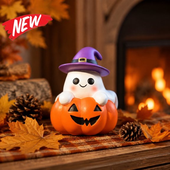 Halloween Decorations Savings, Tarmeek Halloween Resin Pumpkin Ghost Figurine with Wizard Hat, Cute Spooky Tabletop Ornament, 14x11.3x11.3 cm Decorative Display for Indoor Home Shelf Mantel