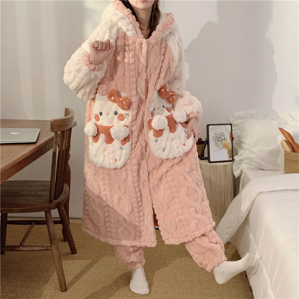 Anime Sanrio Hello Kitty Stuff Women's Nightgown Suit Coral Velvet