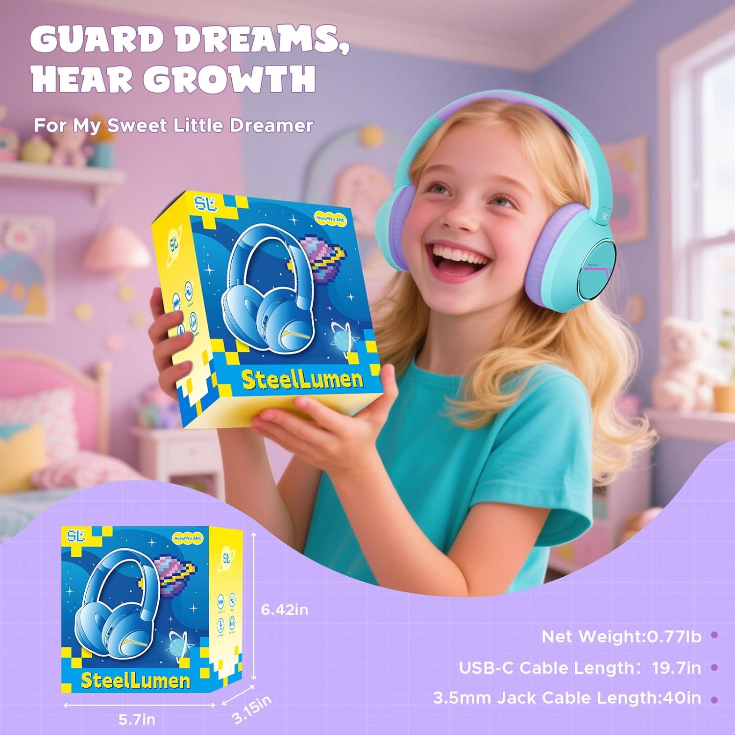 Nova1Pro Kids Wireless Active Noise Cancelling Headphones, Bluetooth 5.4, 60H Playtime, Volume Limited 75/85/94dB, Type-C Fast Charging, Mic, Foldable for School/Travel/Airplane, Green