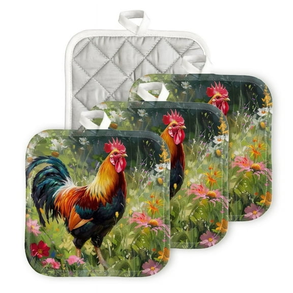 BaHomeck Pot Holders 4pcs dacron Made Square heat-resisting mat Machine Washable for Kitchen Oven Hot Pads 6.7inch*6.7inch,Vibrant Rooster Stands Amidst Blooming Wildflowers