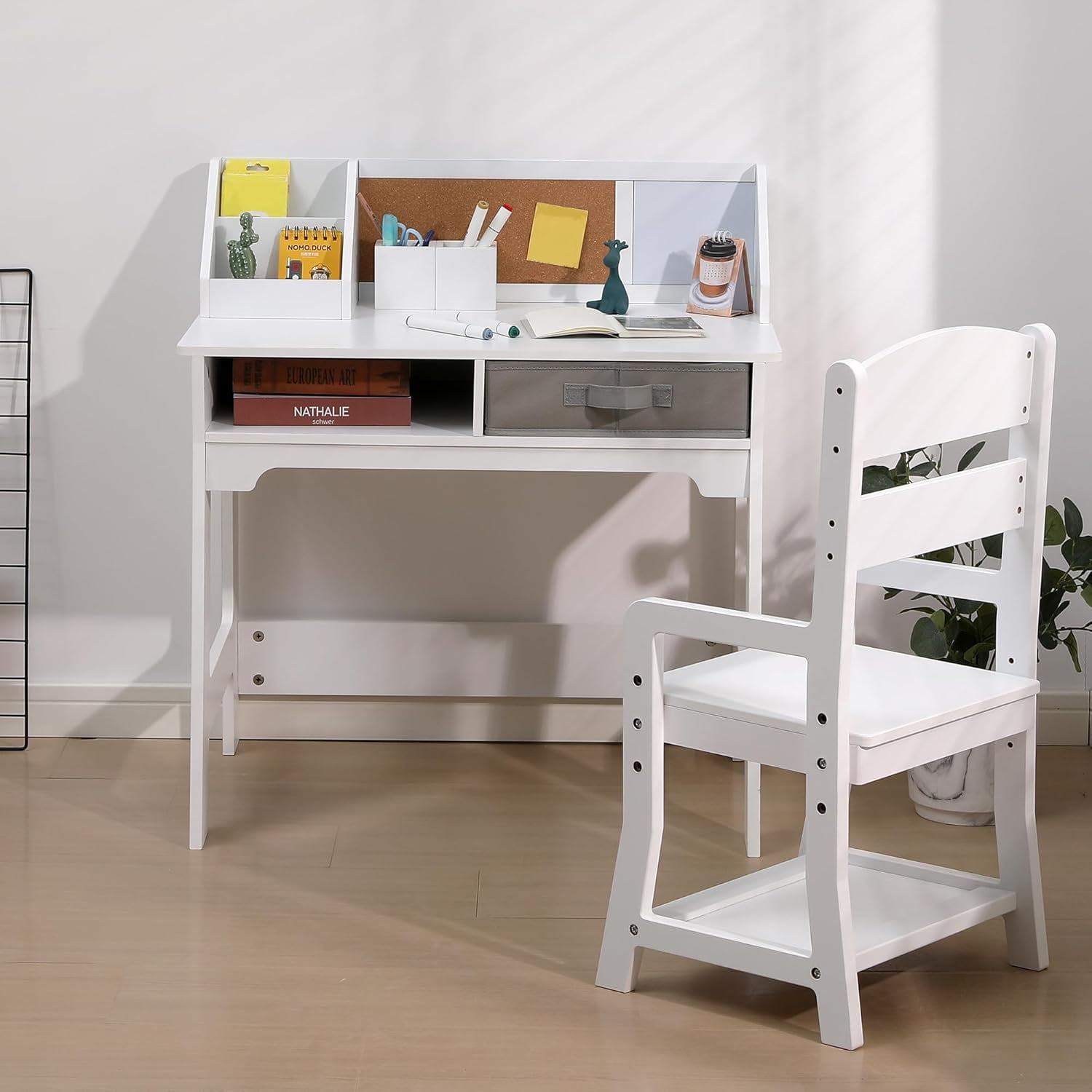 Joyspirit Kids Desk and Chair Set, Wooden Study Table with Storage Bins, Bookshelf, Bulletin Board, and Pen Holder, Writing Table for Boys and Girls