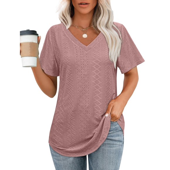 Tops OFEEFAN de verano holgados con cuello en V y dobladillo curvo para mujer