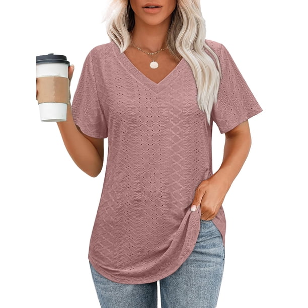 Tops OFEEFAN de verano holgados con cuello en V y dobladillo curvo para mujer