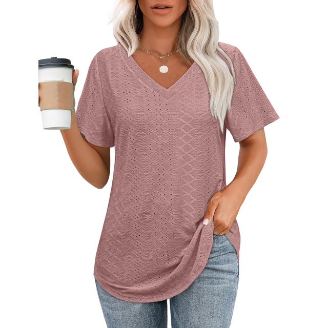 Tops OFEEFAN de verano holgados con cuello en V y dobladillo curvo para mujer