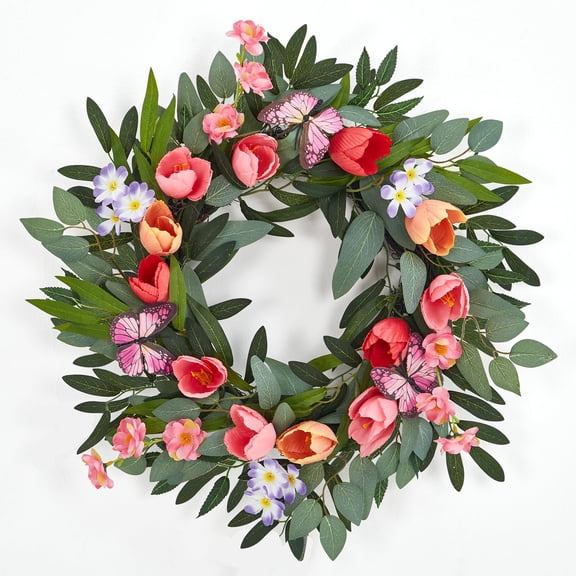 Spring Wreaths for Front Door, 20 Inch Tulip Wreath with Colorful Blooms, Eucalyptus Leaves and Butterflies for Summer Indoor Outdoor Farmhouse Porch Wall Wedding Decor