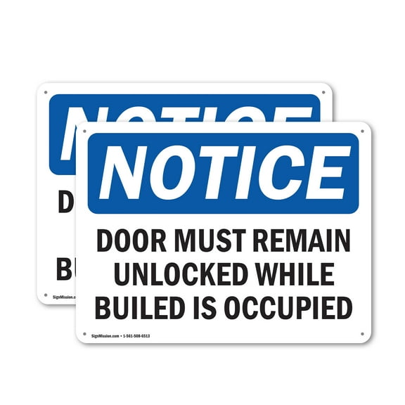 (2 Pack) Door Must Remain Unlocked While Building OSHA Notice Sign 10 Inch X 7 Inch Indoor / Outdoor Rust-Free Aluminum Metal Signs for Workplace, Workshop, and Construction Site, Made