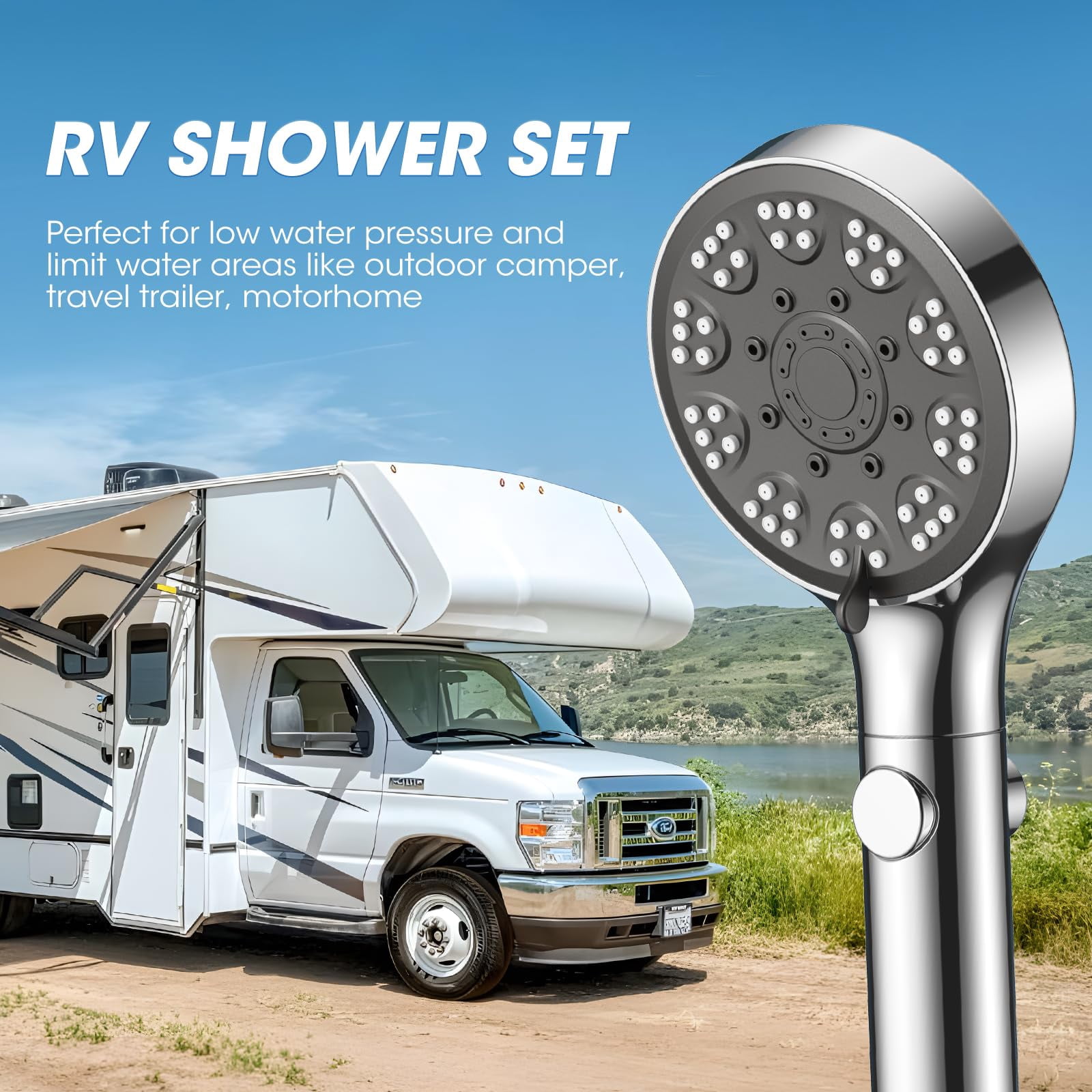 Deally RV Shower Head with Hose, High Pressure Handheld Shower Head with On Off Switch, 7 Mode Shower Head for RV/Campers, Travel Trailer