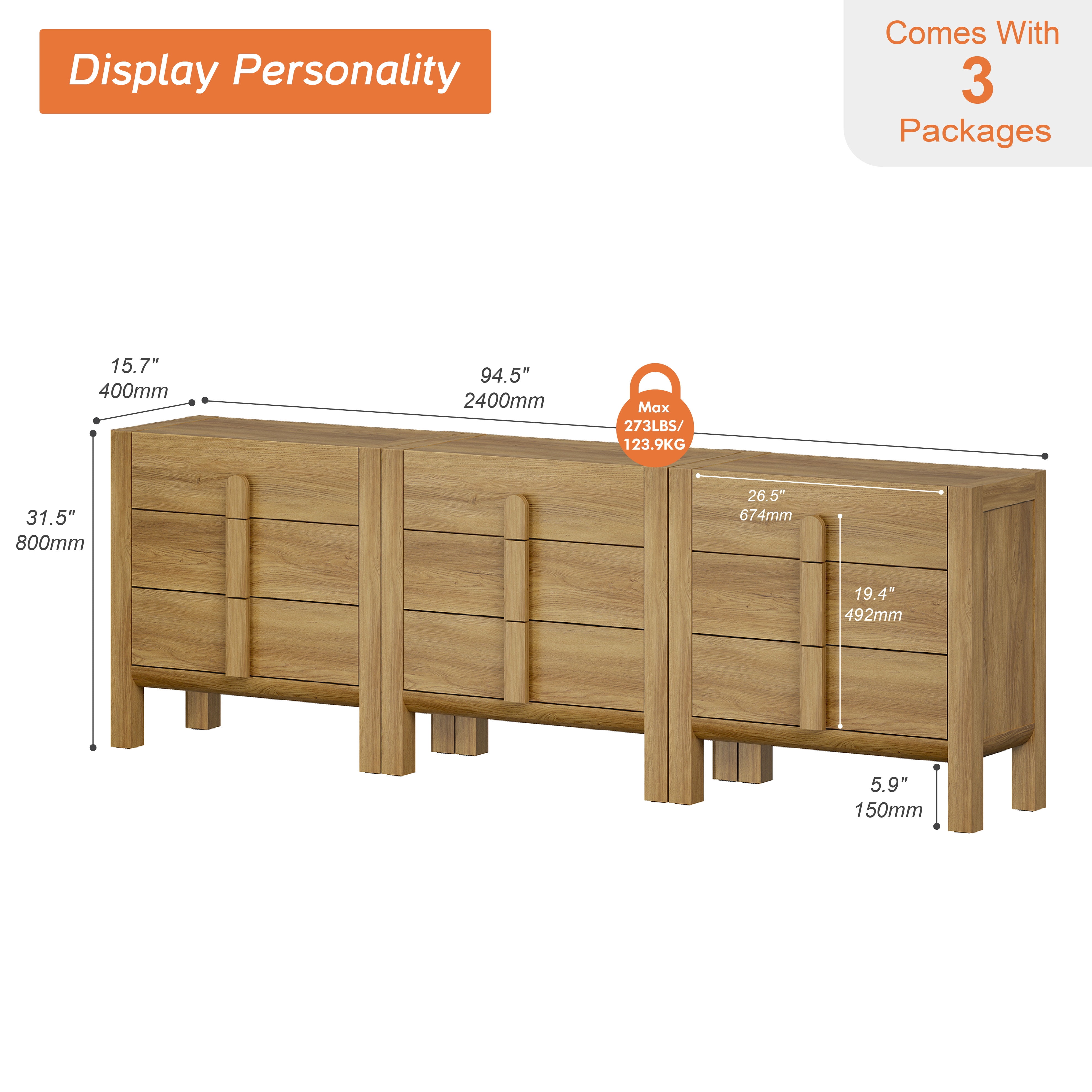 94.5" Mid-Century Modern TV Stand, 3-In-1 Dresser with 9 Drawers, Wooden TV Console with Storage for Living Room,Bedroom