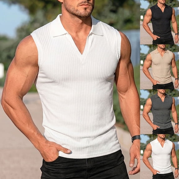 Men's Sleeveless Tank Top Polyester Spandex Blend, Pullover Muscle Vest Turndown Collar, Quick Dry Breathable Casual Workout Streetwear Active Summer | Zenithor,Black L