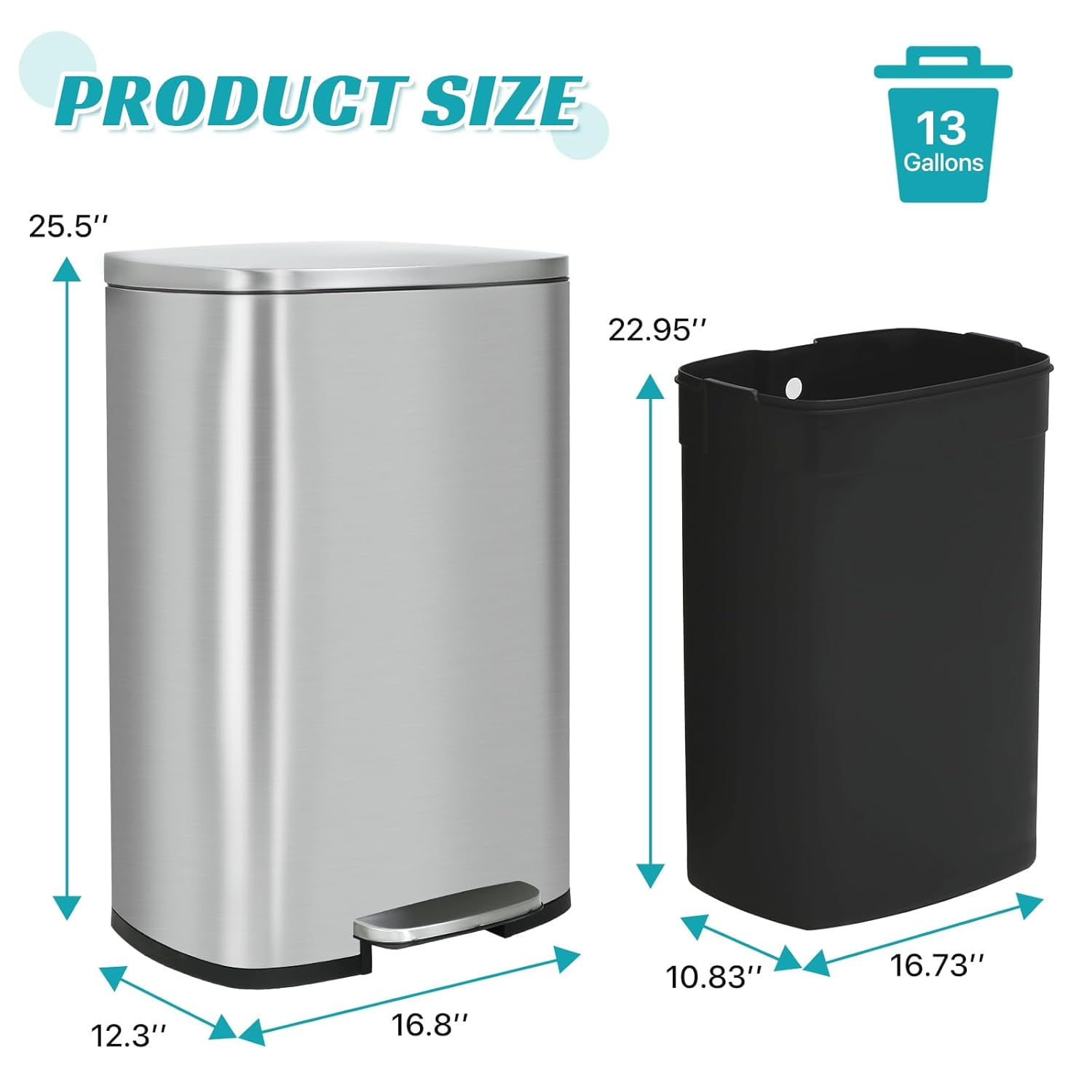BIQWBIC 13 Gallon Kitchen Trash Can with Soft Close Lid, Foot Pedal and Inner Bucket, Stainless Steel