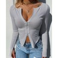 thumbnail image 1 of ITFABS Women Long Sleeve Crop Tops Solid Color Ribbed Zipper O-neck Cardigan, 1 of 5