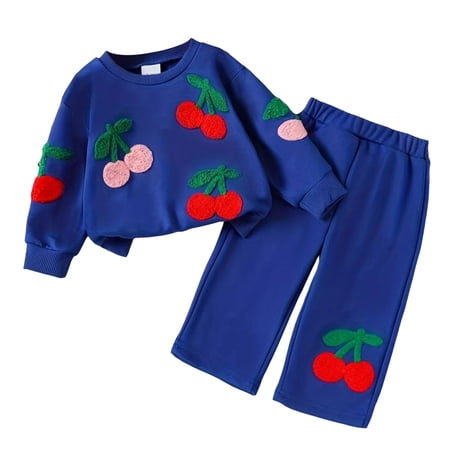 UYYX Baby Clothes For Girls Baby Girl Cherry Fruit Sweatshirt Straight Pants 2Pcs Light Thin Spring Park Play Outfit Suit(6-9 Months Blue)