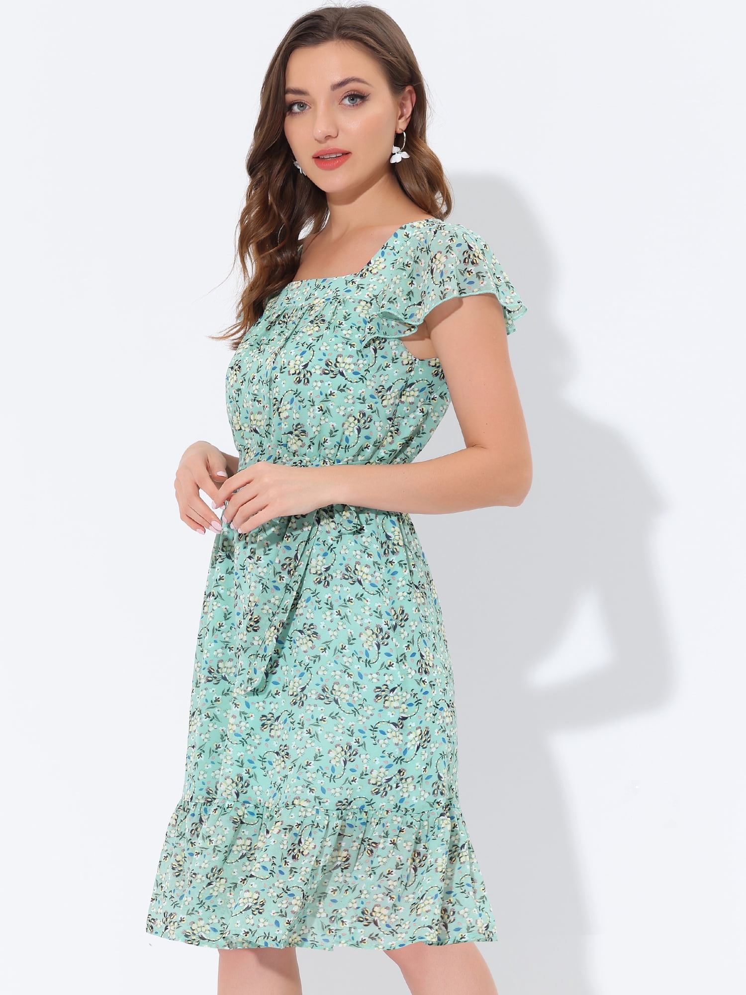 DARING DIVA Square Neck Flutter Sleeve A-Line Midi Dress M Green