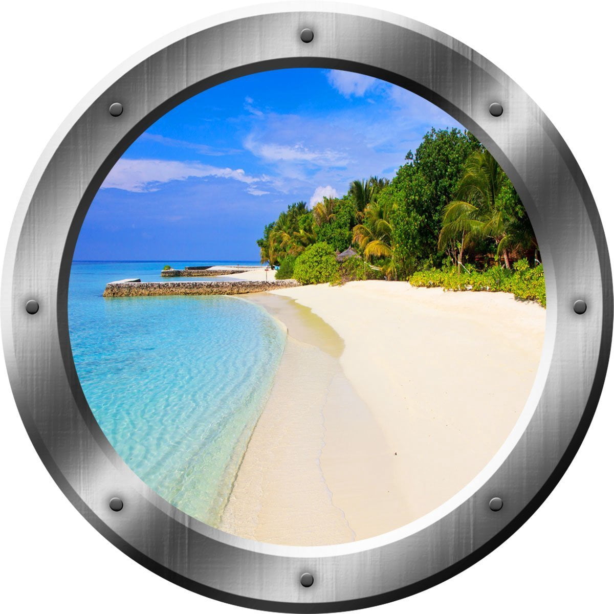 VWAQ Tropical Beach Porthole 3D Ocean View Wall Decal Peel And Stick Decor - SP36 (20" Diameter)