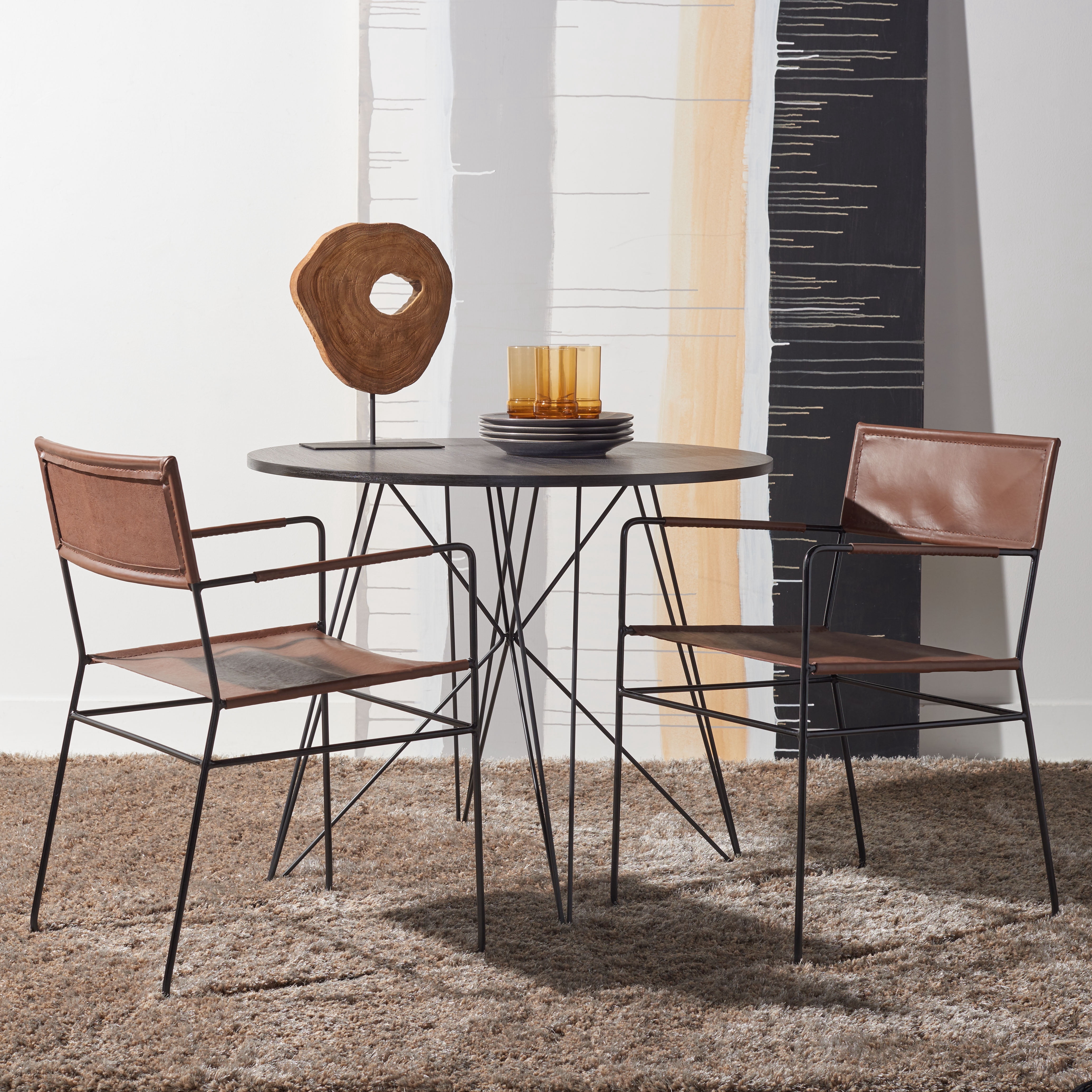 SAFAVIEH Alyx Glam Leather Solid Dining Armchair, Cognac/Black (Set of 2)