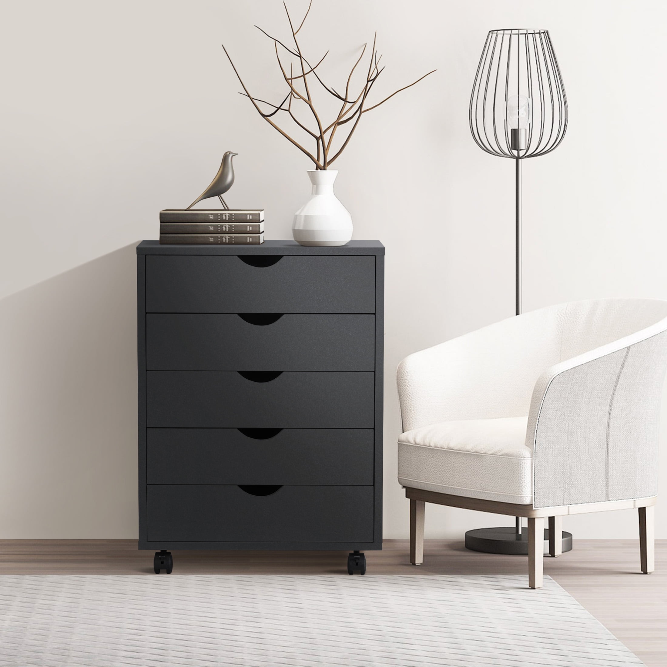 CONCETTA 5-Drawer File Cabinet, Lateral Filing Under Desk Storage Organizer with Wheels for Home Office, Black