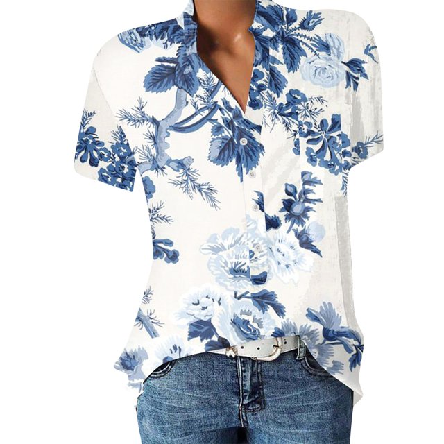 Gibobby Camisas mexicanas con cuello en V para mujer Camiseta manga corta con estampado flores y cuello en V encaje informal a la moda verano para mujer(Azul,CH)